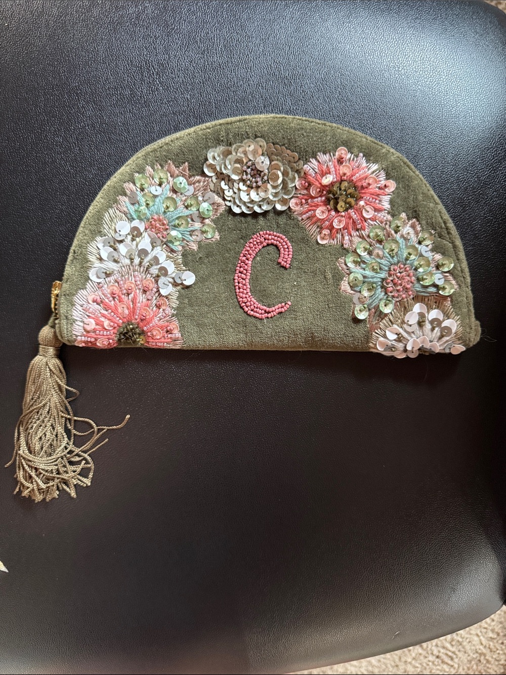 Beaded Floral Half-Moon Clutch with Tassel - Olive & Pink